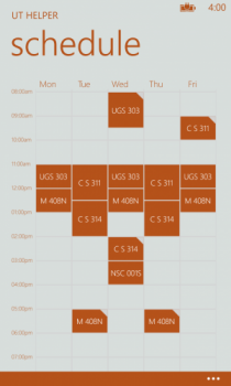 Screen shot of UT Helper app's schedule feature