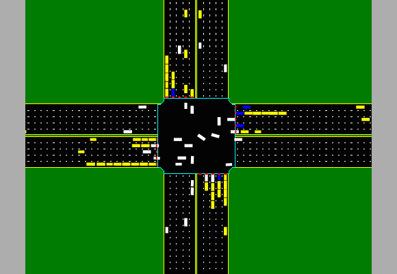 A simulation of the autonomous intersection management system shows cars moving about in what looks like disorganization. Photo courtesy the University of Texas