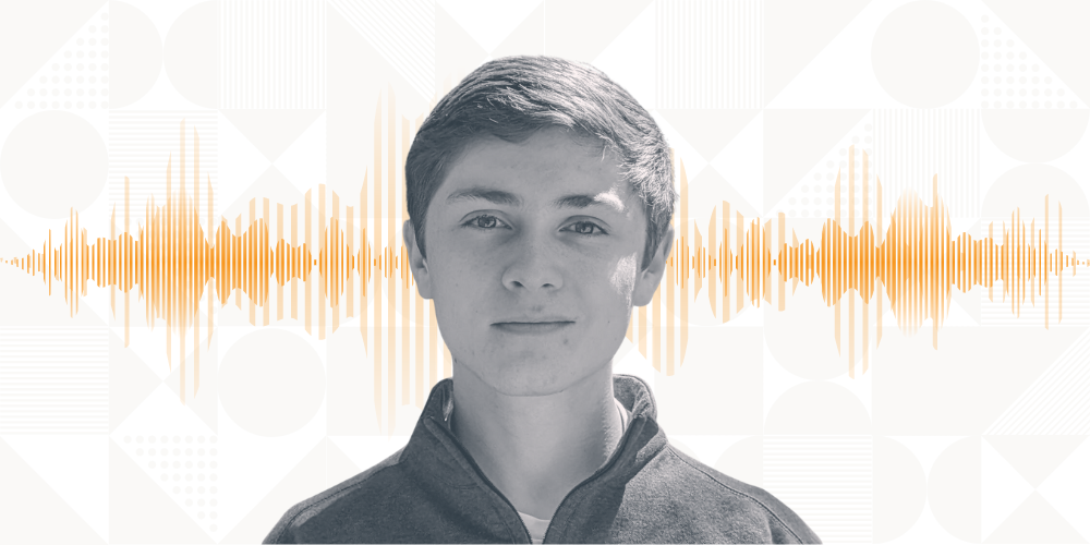 Senior UT Computer Science Turing Scholar, Alan Baade, publishes second computer science research paper Turing student Alan Baade pictured in gray and white against geometic print on white background and orange soundwaves running behind Alan's head.