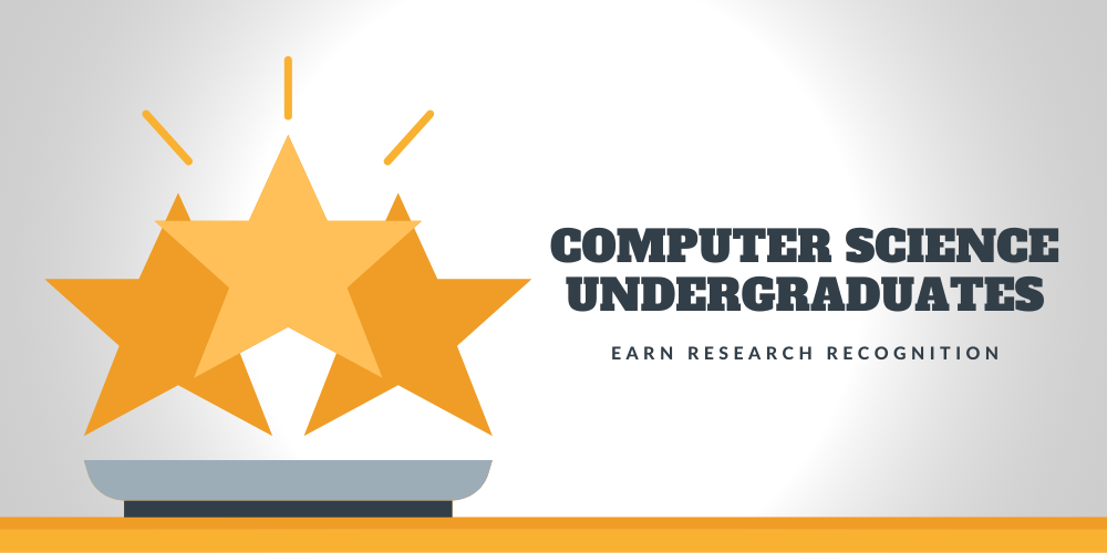 UT Computer Science Undergraduates Earn Research Recognition Three golden stars representing an award on the left with "computer science undergraduates earn research recognition" to the right.