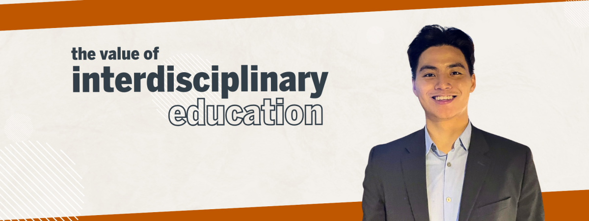 Kevin Qi, Texas CSB Alumnus, talks to UT Computer Science about about how his interdisciplinary education has shaped his career. Kevin Qi's photo against a graphic background with "The Value of an Interdisciplinary Education"