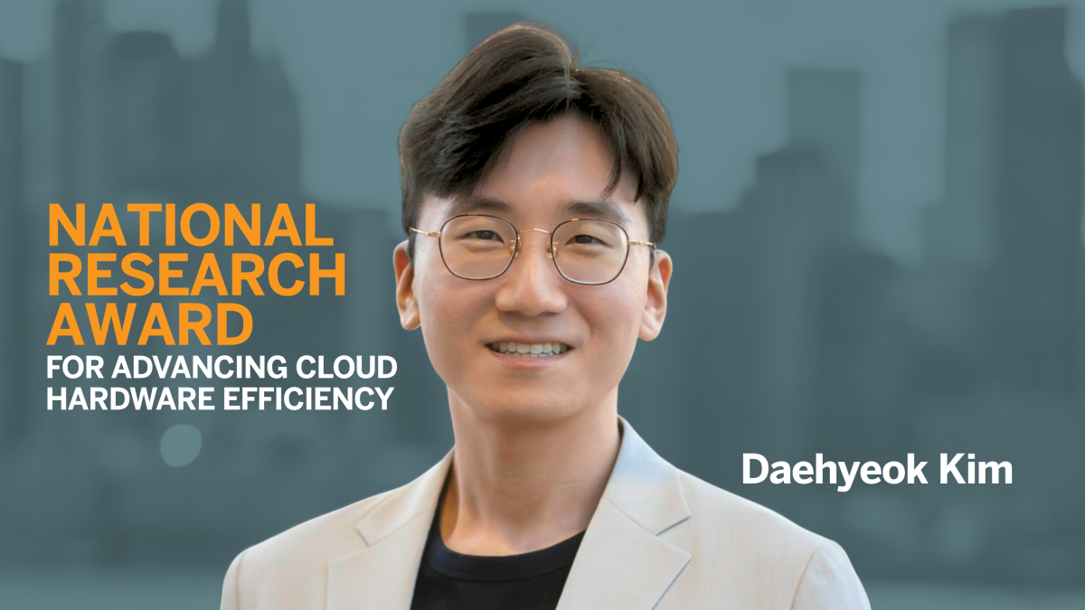 Daehyeok Kim National Recognition for Cloud Hardware Innovation A professional portrait of Daehyeok Kim, smiling and wearing glasses and a light-colored blazer. Bold text on the left reads "National Research Award for Advancing Cloud Hardware Efficiency" against a blurred cityscape background. His name appears on the right side in white text.
