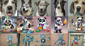 Three rows of similarly themed illustrations—earnest dogs, scientist pandas and robot graffiti—differ in each of five iterations per row.