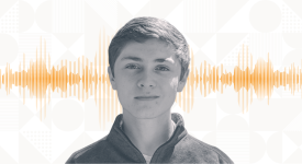 Senior UT Computer Science Turing Scholar, Alan Baade, publishes second computer science research paper Turing student Alan Baade pictured in gray and white against geometic print on white background and orange soundwaves running behind Alan's head.