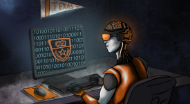 robotic person in glowing Tron-like suit on desktop computer with binary code and UT seal on screen.