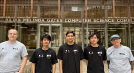 Professors Etienne Vouga and Glenn Downing with UTPC student members Aaryan Prakash, Caleb Hu, Mark Wen in front of the Gates Dell Complex.