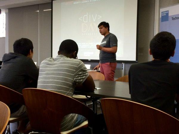 UTCS graduate student and MACS member Juan Sequeda talks to the students about the importance of diversity in the technology field.