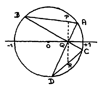Diagram illustrating circle containing quadrilateral ABCD bisected by line PQR
