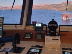 a view from within the ship's wheelhouse